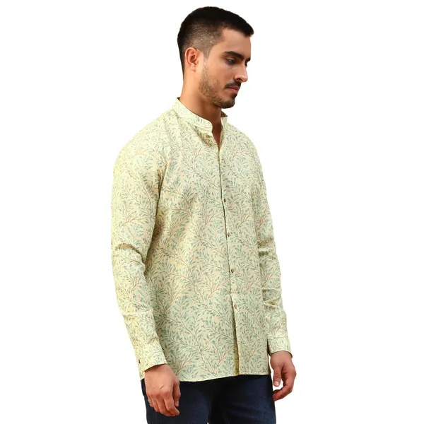 Yellow_Cotton_Full_Sleeve_Regular_Fit_Printed_Short_Kurta_For_Men