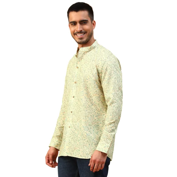 Yellow_Cotton_Full_Sleeve_Regular_Fit_Printed_Short_Kurta_For_Men