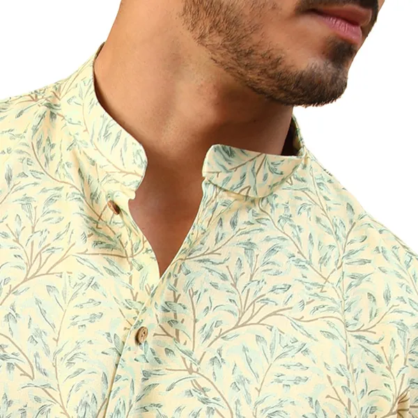 Yellow_Cotton_Full_Sleeve_Regular_Fit_Printed_Short_Kurta_For_Men