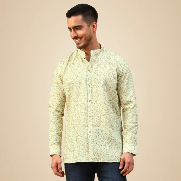 Yellow_Cotton_Full_Sleeve_Regular_Fit_Printed_Short_Kurta_For_Men