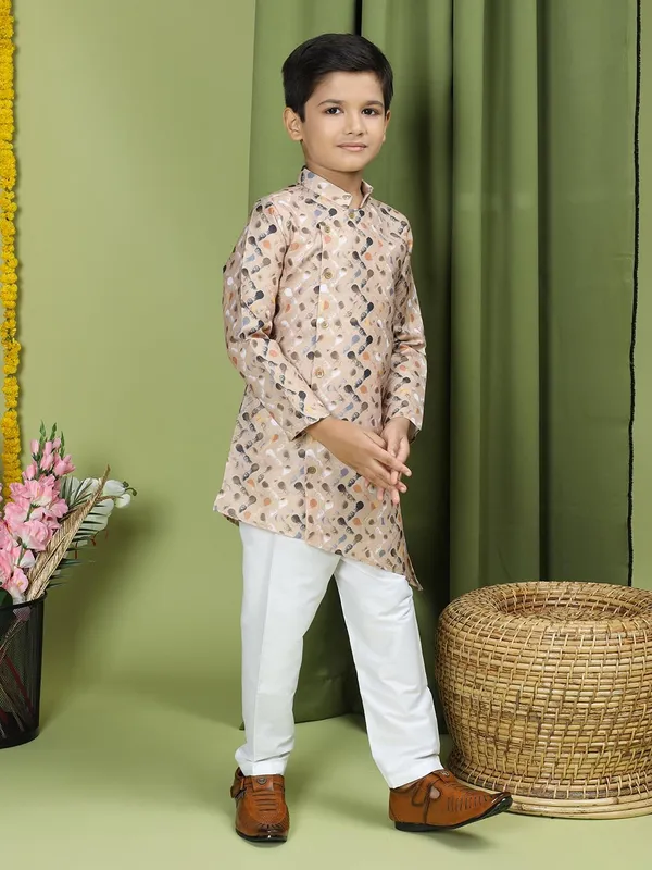 Beige_Cotton_Full_Sleeve_Regular_Fit_Printed_Beige_Kurta_Churidar_Set_For_Boy
