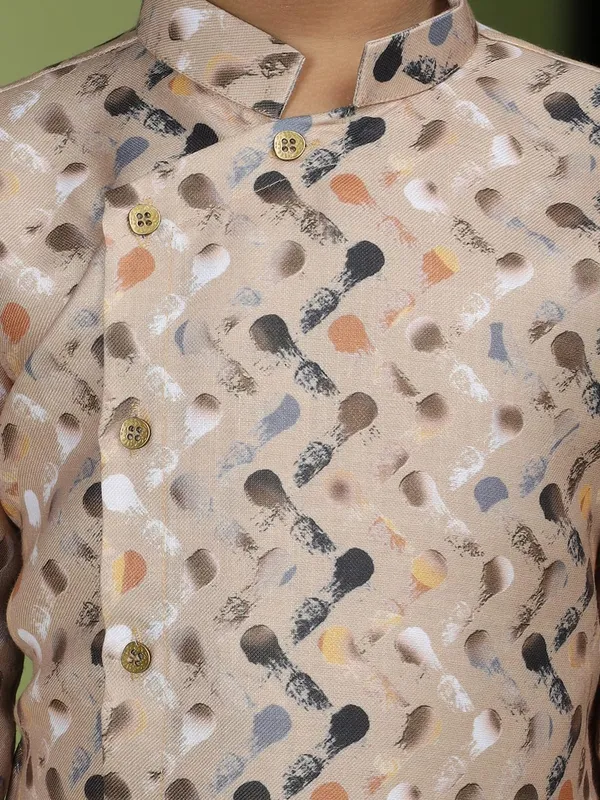 Beige_Cotton_Full_Sleeve_Regular_Fit_Printed_Beige_Kurta_Churidar_Set_For_Boy