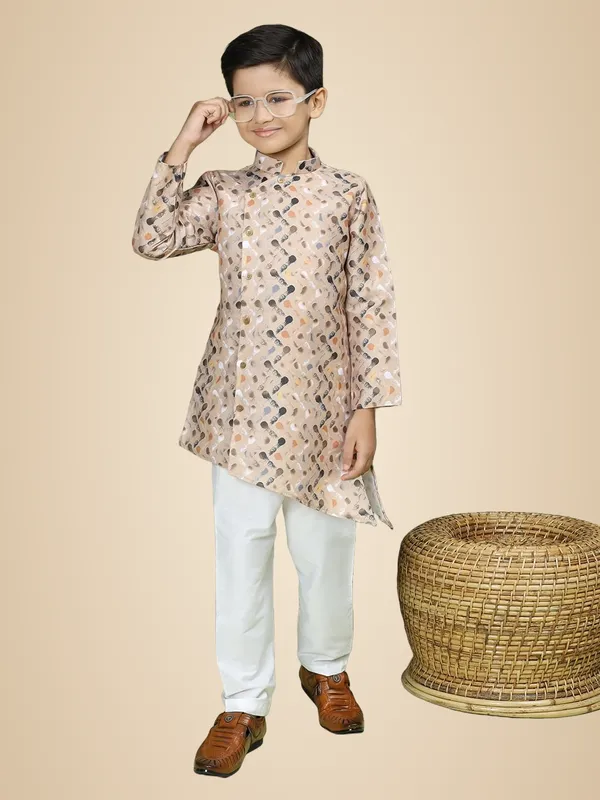 Beige_Cotton_Full_Sleeve_Regular_Fit_Printed_Beige_Kurta_Churidar_Set_For_Boy