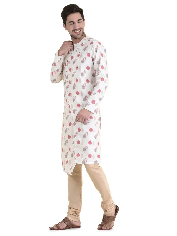 White_Cotton_Off_White_Full_Sleeves_Regular_Printed_Kurta_Churidar_Set_For_Men