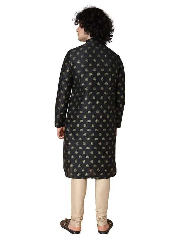 Black_Cotton_Full_Sleeves_Regular_Printed_Kurta_Churidar_Set_For_Men