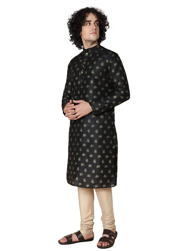 Black_Cotton_Full_Sleeves_Regular_Printed_Kurta_Churidar_Set_For_Men