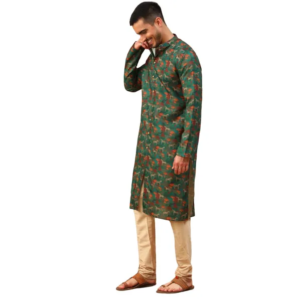 Green_Cotton_Full_Sleeve_Regular_Fit_Printed_Kurta_Set_For_Men