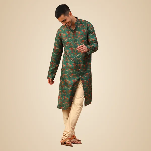 Green_Cotton_Full_Sleeve_Regular_Fit_Printed_Kurta_Set_For_Men
