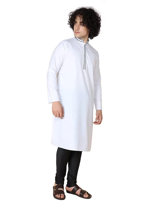 White_Cotton_Full_Sleeves_Regular_Plain_Kurta_Churidar_Set_For_Men