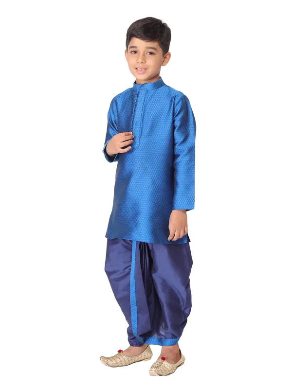 Blue_Jacquard_Full_Sleeve_Regular_Fit_Printed_Kurta_Dhoti_Set_For_Kids
