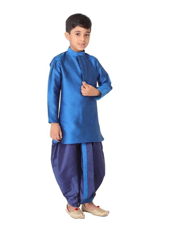 Blue_Jacquard_Full_Sleeve_Regular_Fit_Printed_Kurta_Dhoti_Set_For_Kids