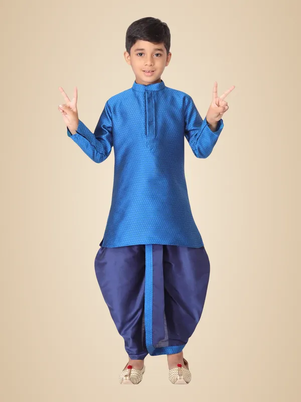Blue_Jacquard_Full_Sleeve_Regular_Fit_Printed_Kurta_Dhoti_Set_For_Kids