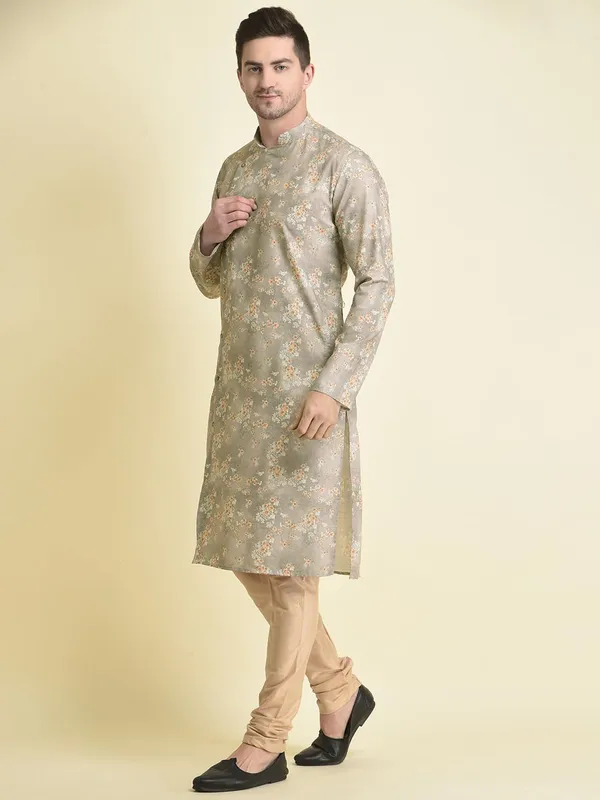 Grey_Cotton_Grey_Full_Sleeve_Regular_Fit_Printed_Kurta_Set_For_Men