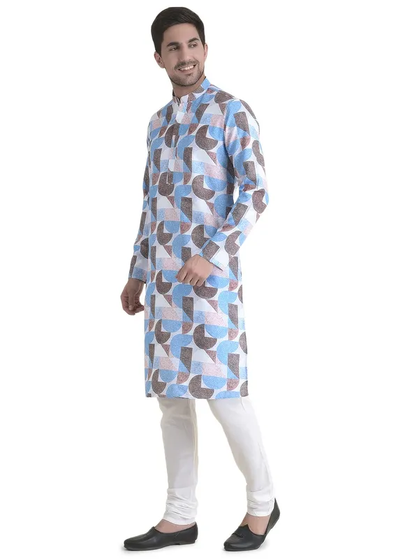 Blue_Cotton_Blue_Full_Sleeves_Regular_Printed_Kurta_Churidar_Set_For_Men