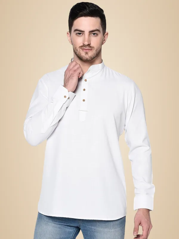 White_Full_Sleeve_Regular_Plain_Kurta_For_Men