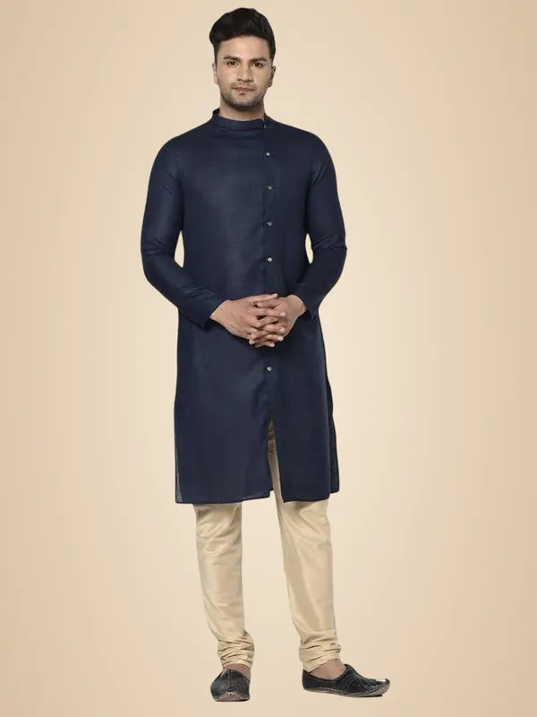 Navy_Cotton_Full_Sleeve_Regular_Plain_Kurta_Churidar_Set_For_Men