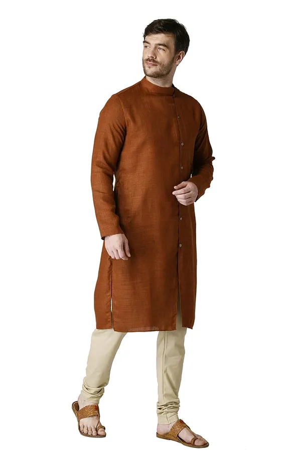 Marron_Cotton_Full_Sleeve_Regular_Plain_Kurta_For_Men