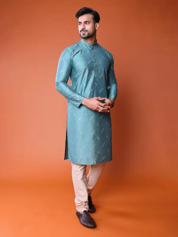 Green_&_Beige_Cotton_Embroidery_Full_Sleeves_Regular_Kurta_Set_For_Men