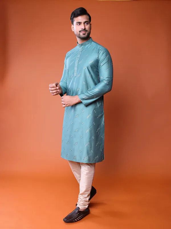 Green_&_Beige_Cotton_Embroidery_Full_Sleeves_Regular_Kurta_Set_For_Men