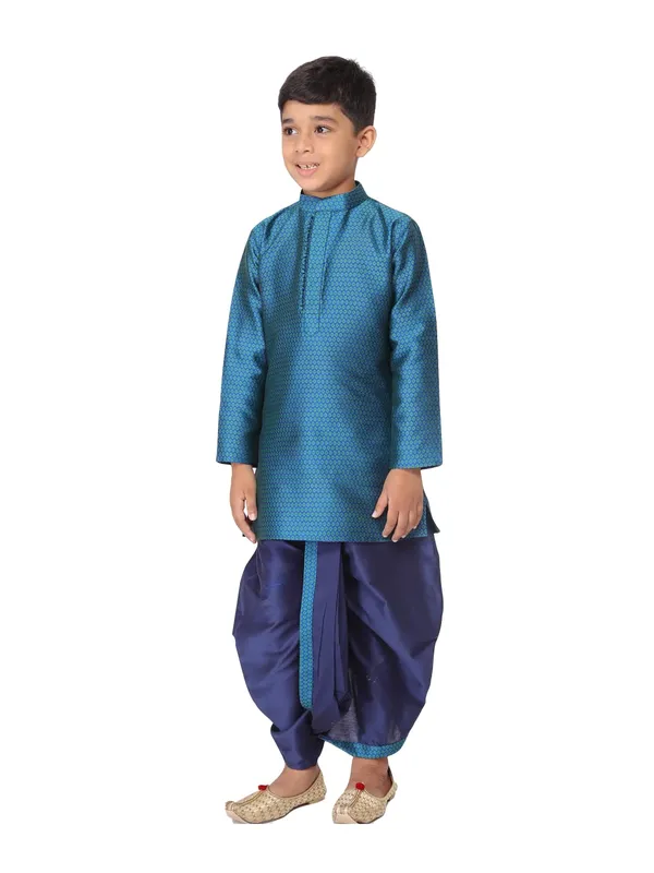 Turquoise_Jacquard_Full_Sleeve_Regular_Fit_Printed_Kurta_Dhoti_Set_For_Kids
