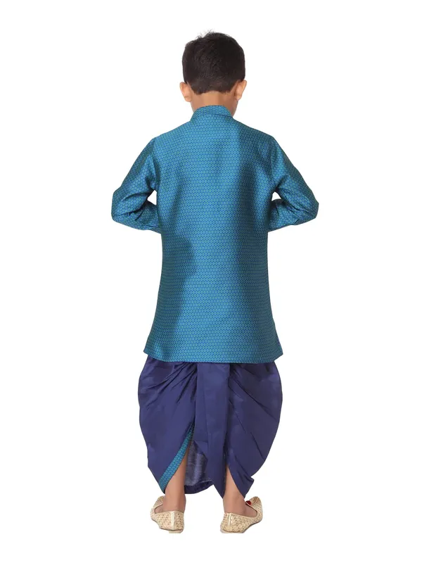 Turquoise_Jacquard_Full_Sleeve_Regular_Fit_Printed_Kurta_Dhoti_Set_For_Kids