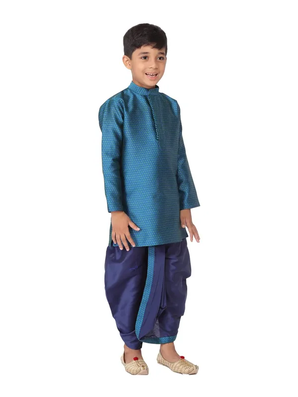 Turquoise_Jacquard_Full_Sleeve_Regular_Fit_Printed_Kurta_Dhoti_Set_For_Kids