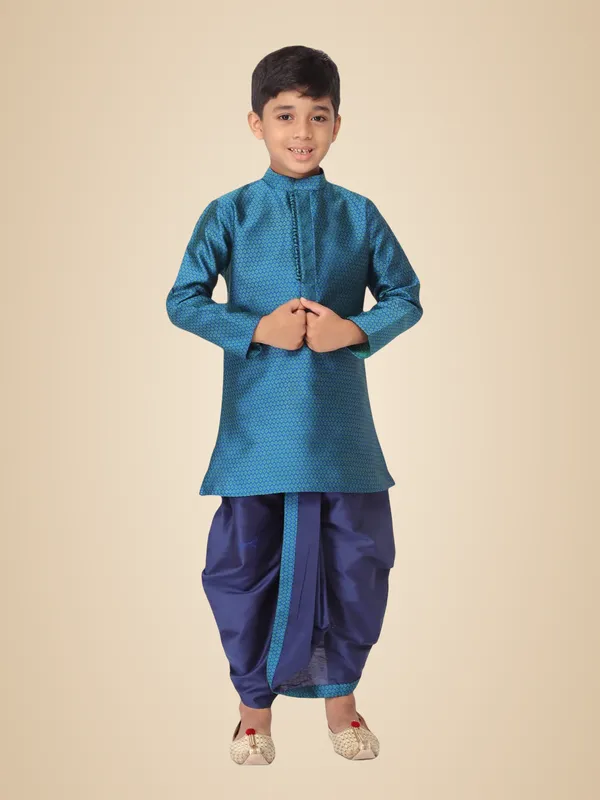 Turquoise_Jacquard_Full_Sleeve_Regular_Fit_Printed_Kurta_Dhoti_Set_For_Kids