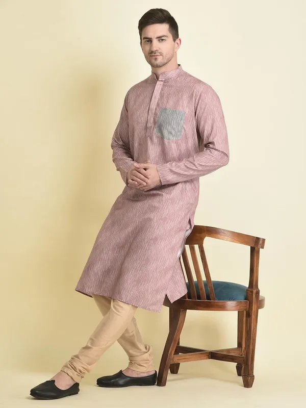 Peach_Cotton_Pink_Full_Sleeve_Regular_Fit_Printed_Kurta_Set_For_Men