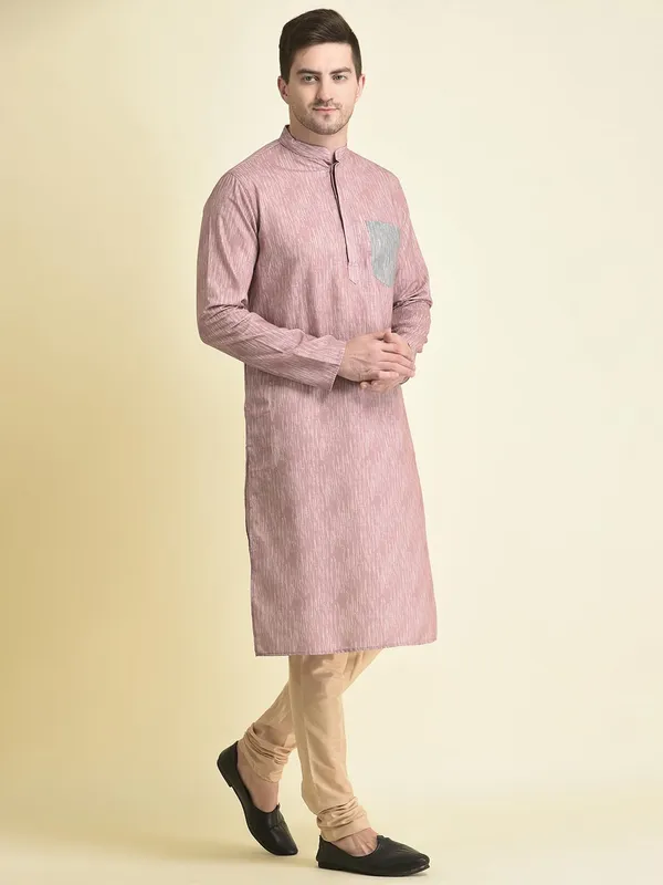 Peach_Cotton_Pink_Full_Sleeve_Regular_Fit_Printed_Kurta_Set_For_Men