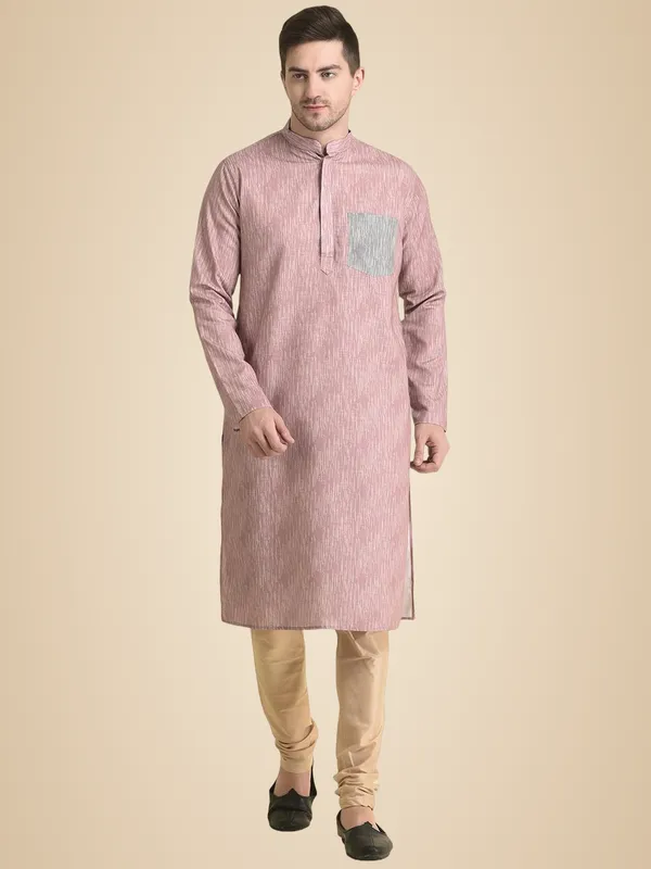 Peach_Cotton_Pink_Full_Sleeve_Regular_Fit_Printed_Kurta_Set_For_Men