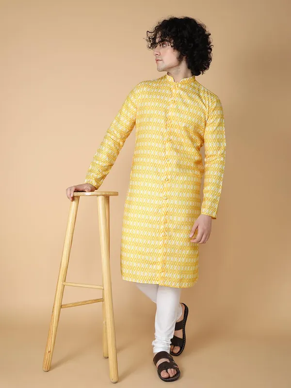 Yellow_Cotton_Full_Sleeve_Regular_Fit_Printed_Kurta_For_Men