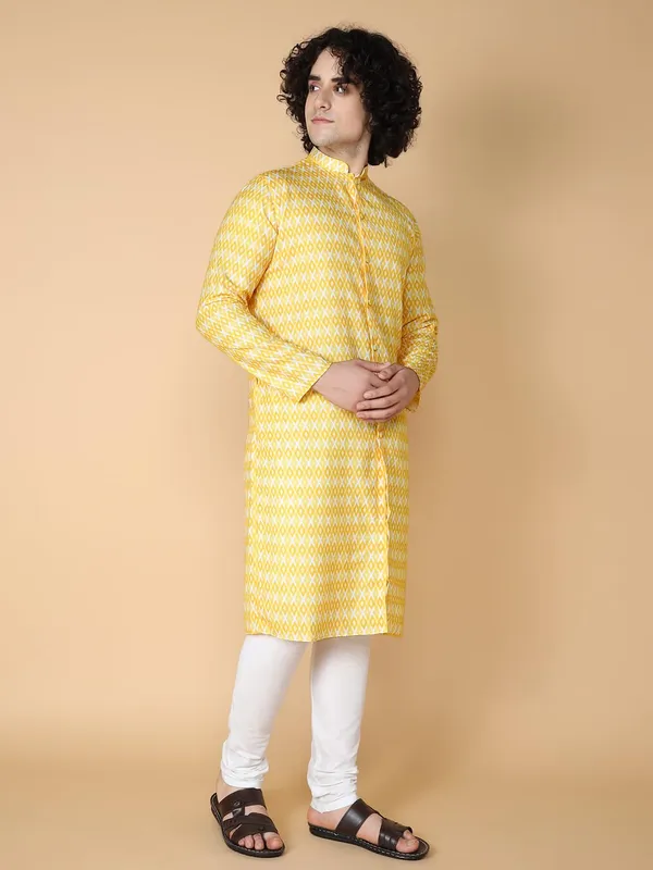 Yellow_Cotton_Full_Sleeve_Regular_Fit_Printed_Kurta_For_Men