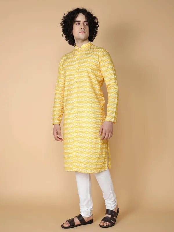 Yellow_Cotton_Full_Sleeve_Regular_Fit_Printed_Kurta_For_Men