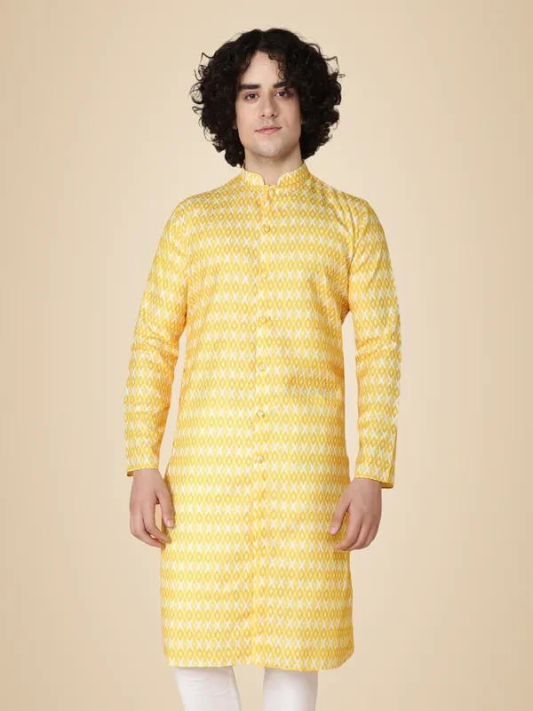 Yellow_Cotton_Full_Sleeve_Regular_Fit_Printed_Kurta_For_Men