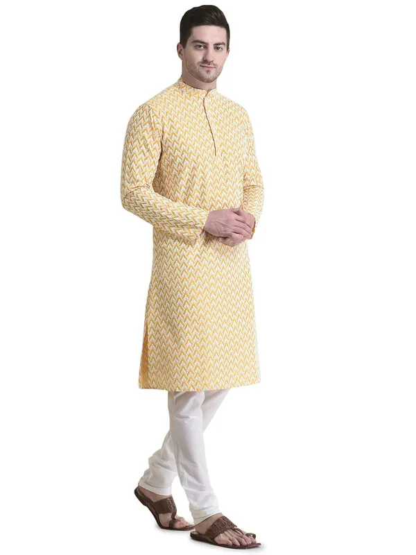 Yellow_Cotton_Full_Sleeve_Regular_Fit_Chikankari_Embroidery_Kurta_For_Men