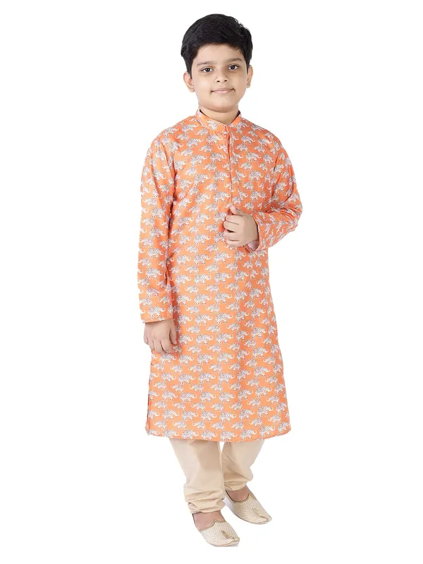 Orange_Cotton_Full_Sleeve_Regular_Fit_Printed_Kurta_For_Kids