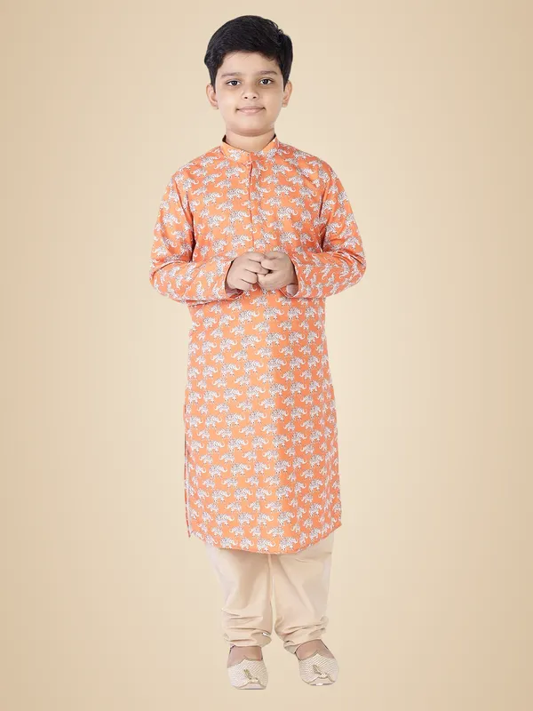 Orange_Cotton_Full_Sleeve_Regular_Fit_Printed_Kurta_For_Kids