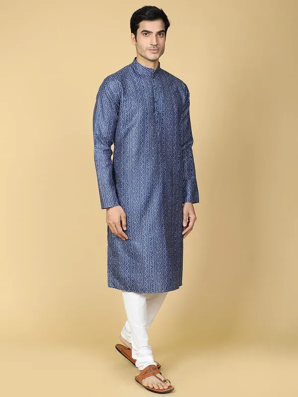Blue_Cotton_Full_Sleeves_Regular_Printed_Kurta_Set_For_Men