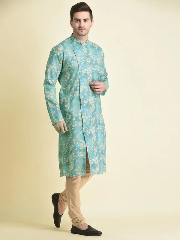Green_Cotton_Full_Sleeve_Regular_Fit_Printed_Kurta_For_Men