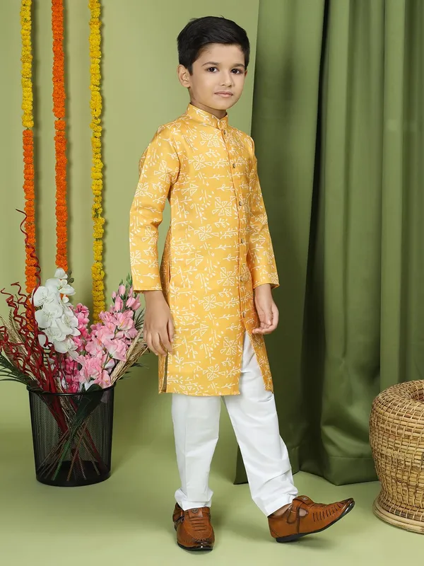 Yellow_Cotton_Full_Sleeve_Regular_Fit_Printed_Yellow_Kurta_Churidar_Set_For_Boy