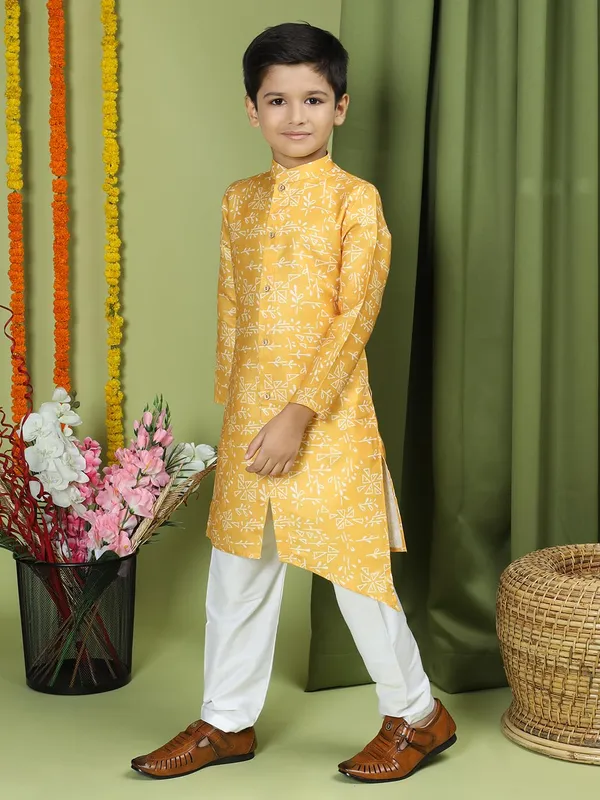 Yellow_Cotton_Full_Sleeve_Regular_Fit_Printed_Yellow_Kurta_Churidar_Set_For_Boy