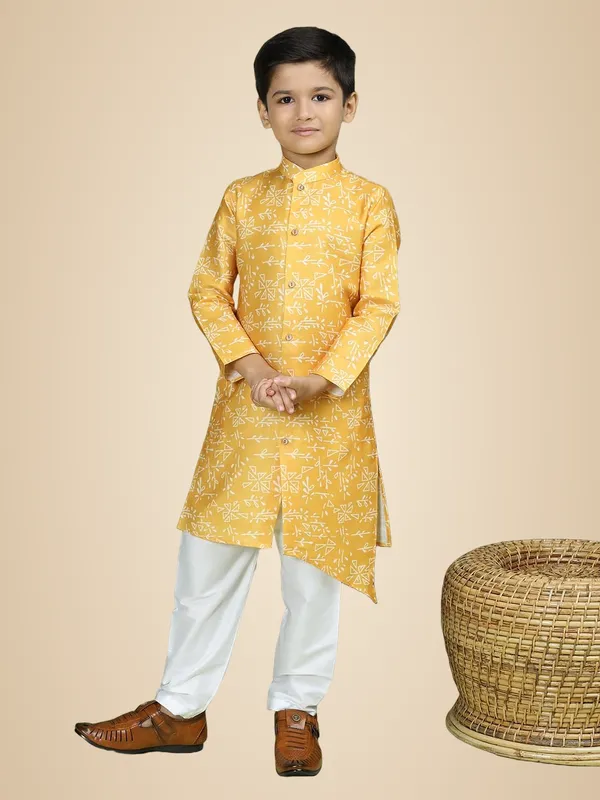 Yellow_Cotton_Full_Sleeve_Regular_Fit_Printed_Yellow_Kurta_Churidar_Set_For_Boy