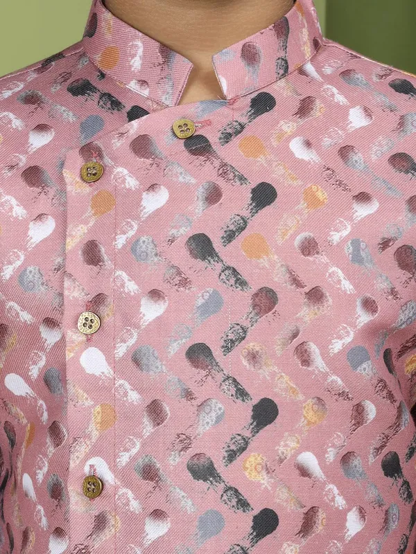 Pink_Cotton_Full_Sleeve_Regular_Fit_Printed_Pink_Kurta_Churidar_Set_For_Boy