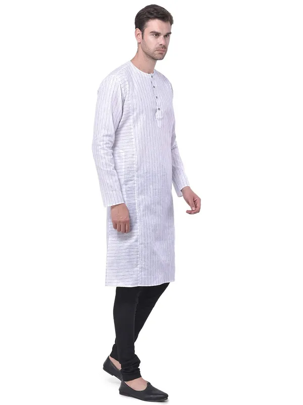 White_Cotton_Linen_Full_Sleeves_Regular_Stripe_Kurta_Churidar_Set_For_Men
