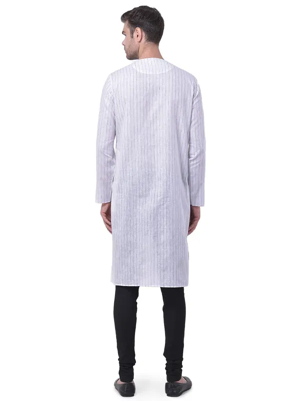 White_Cotton_Linen_Full_Sleeves_Regular_Stripe_Kurta_Churidar_Set_For_Men