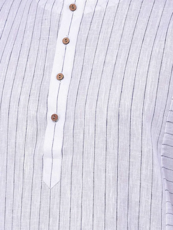White_Cotton_Linen_Full_Sleeves_Regular_Stripe_Kurta_Churidar_Set_For_Men