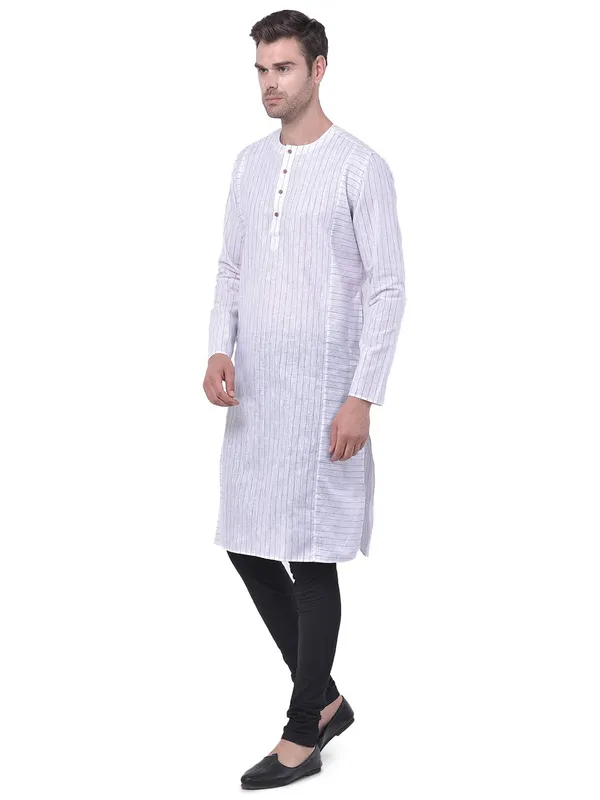 White_Cotton_Linen_Full_Sleeves_Regular_Stripe_Kurta_Churidar_Set_For_Men