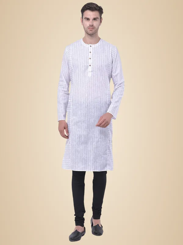 White_Cotton_Linen_Full_Sleeves_Regular_Stripe_Kurta_Churidar_Set_For_Men