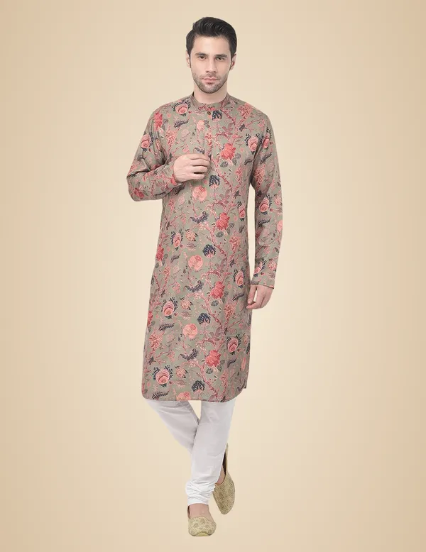 Green_Regular_Fit_Cotton_Kurta_Ͽ�_Beige_Colour_Full_Sleeves_For_Men
