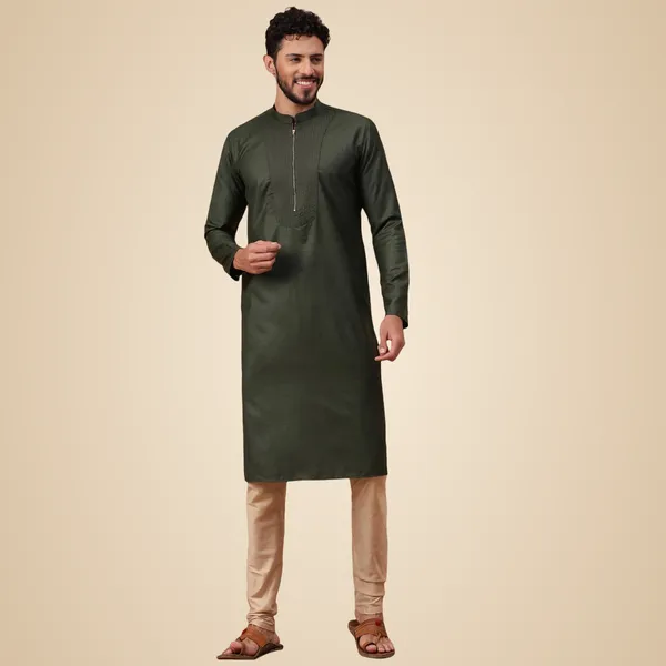 Green_Jacquard_Full_Sleeve_Regular_Fit_Printed_Kurta_For_Men